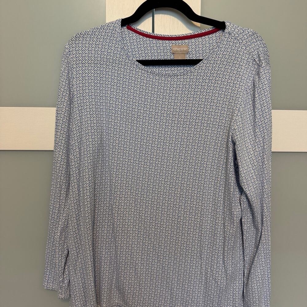 Chico’s Size 2 Large Blue White Geometric Print Long Sleeve Tunic Top
